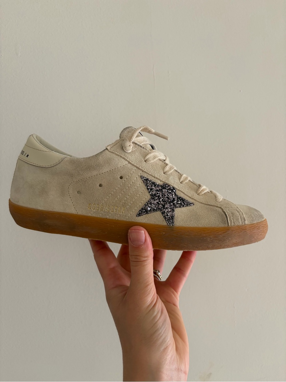 Golden Goose Beige Superstar Suede Sneakers with Glitter Star Accent